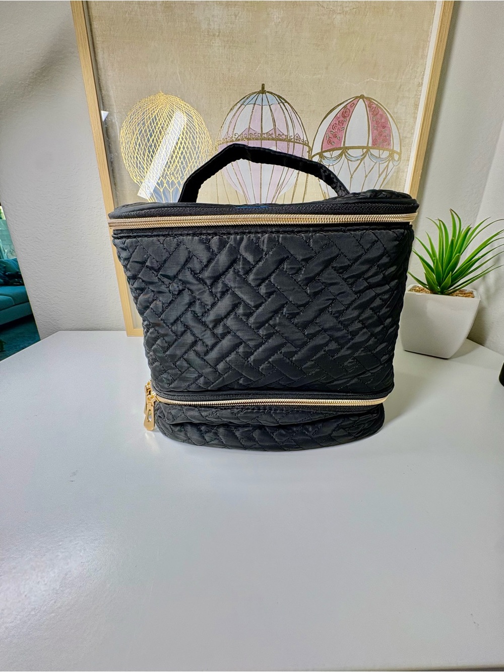 Classic Quilted Black Travel Cosmetic Bag with Gold Trim new